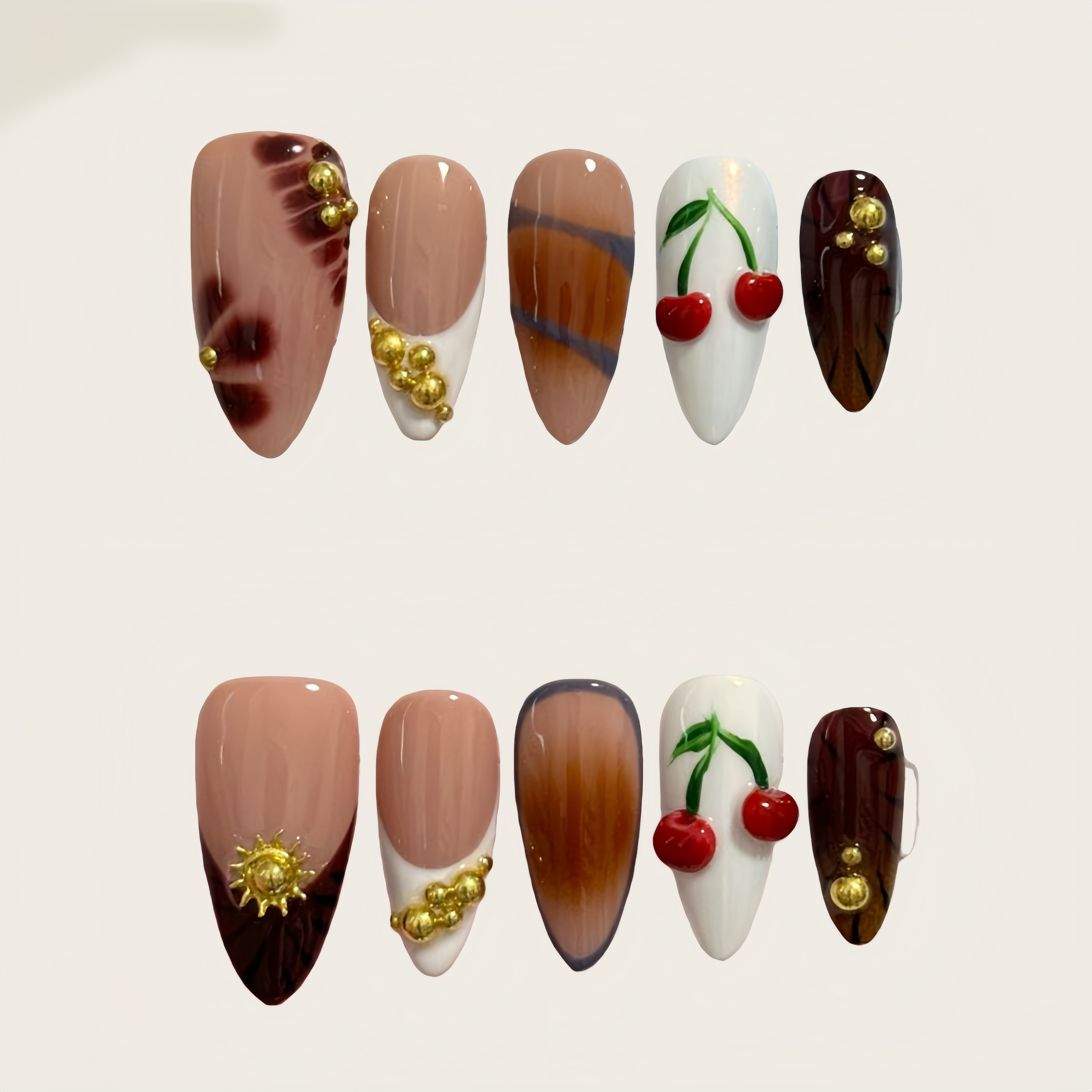 Cherry & Gold Accent Mixed Pattern Press - on Nails
