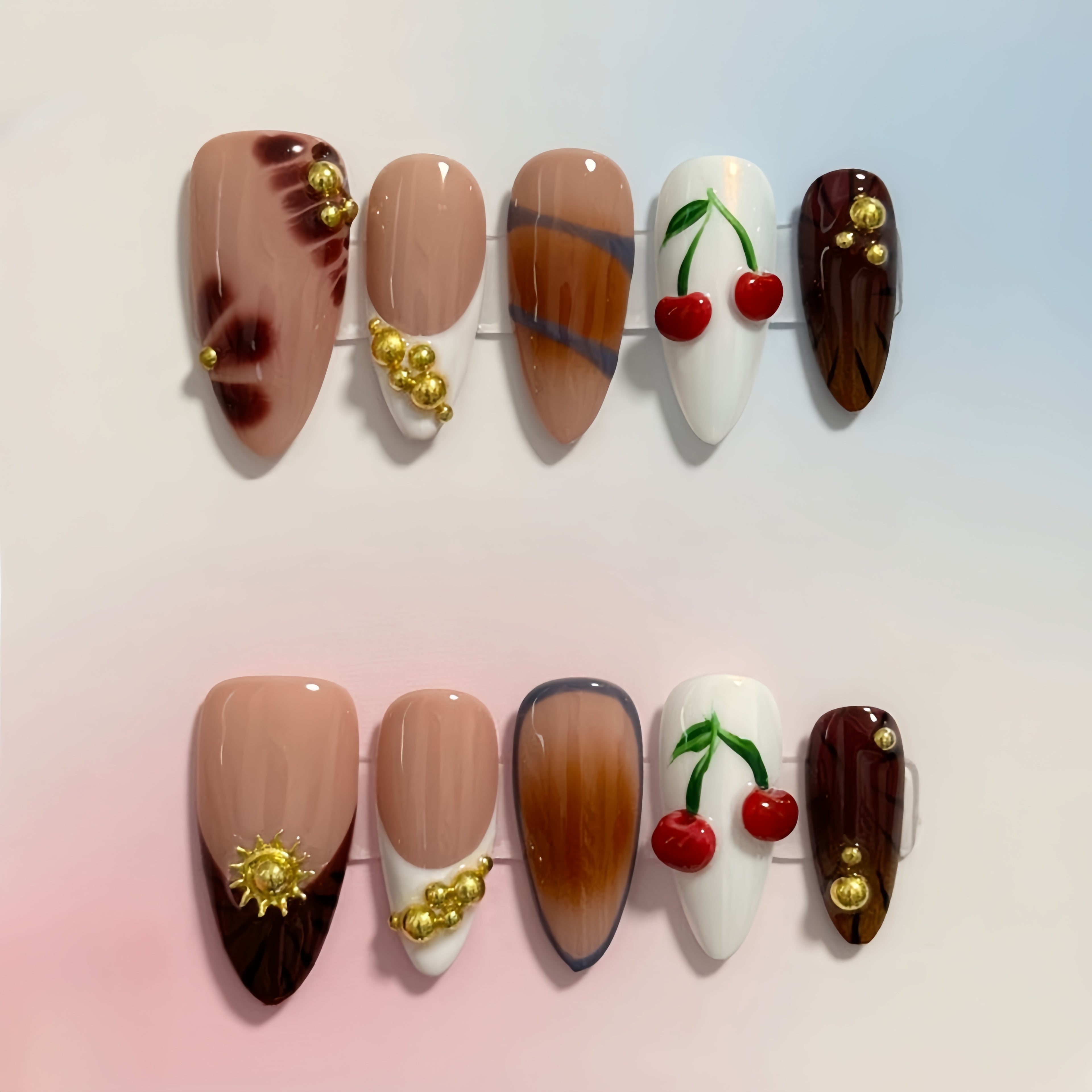 Cherry & Gold Accent Mixed Pattern Press - on Nails
