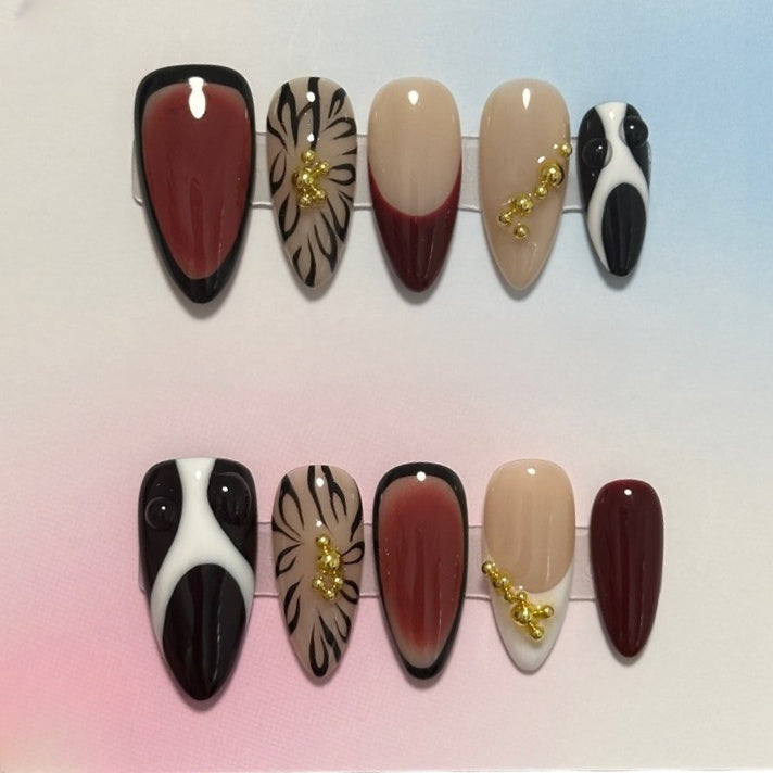 Burgundy Zebra Gold Accent 3D Art Press - on Nails