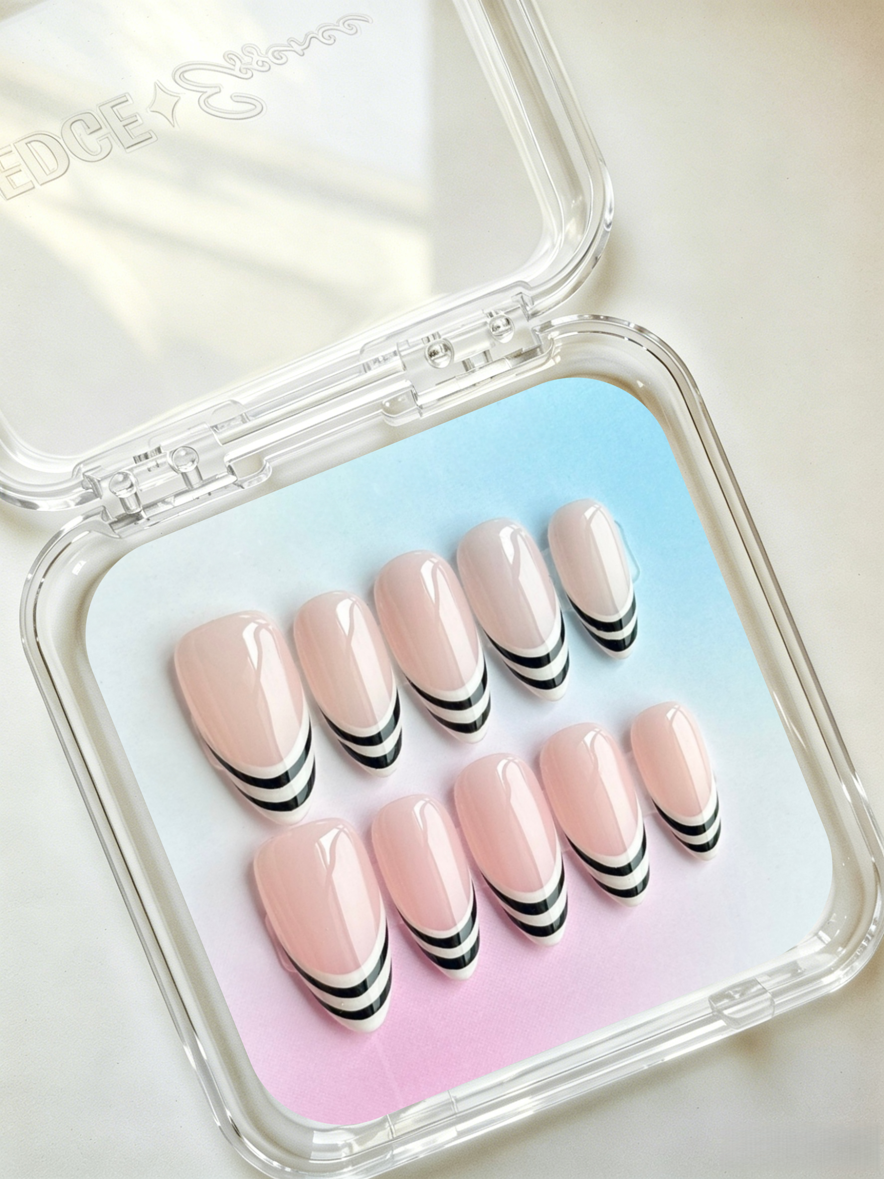 White French Almond Nails with Black Accent