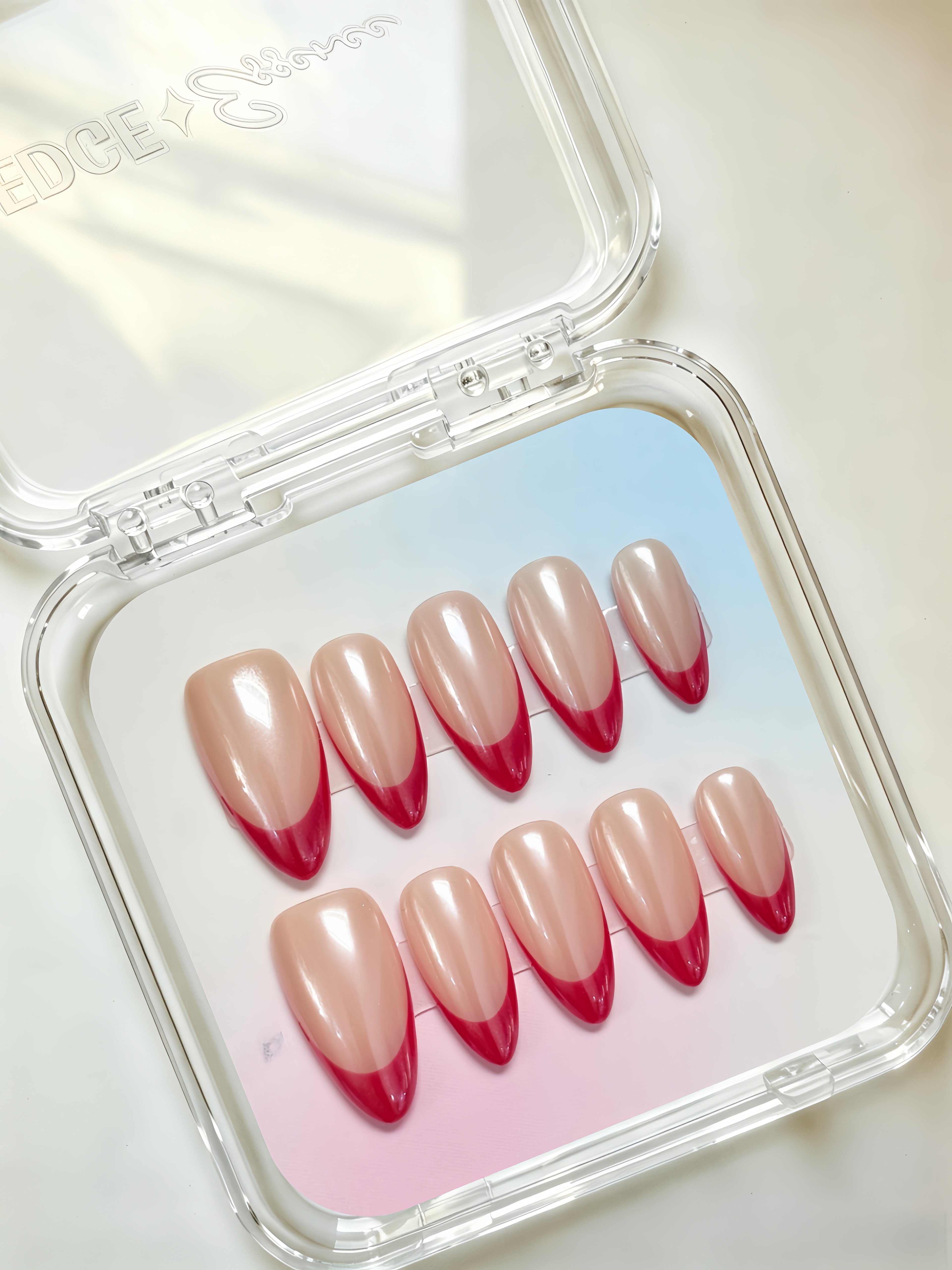 Wine Red French Almond Nails with Aurora Pink Accent