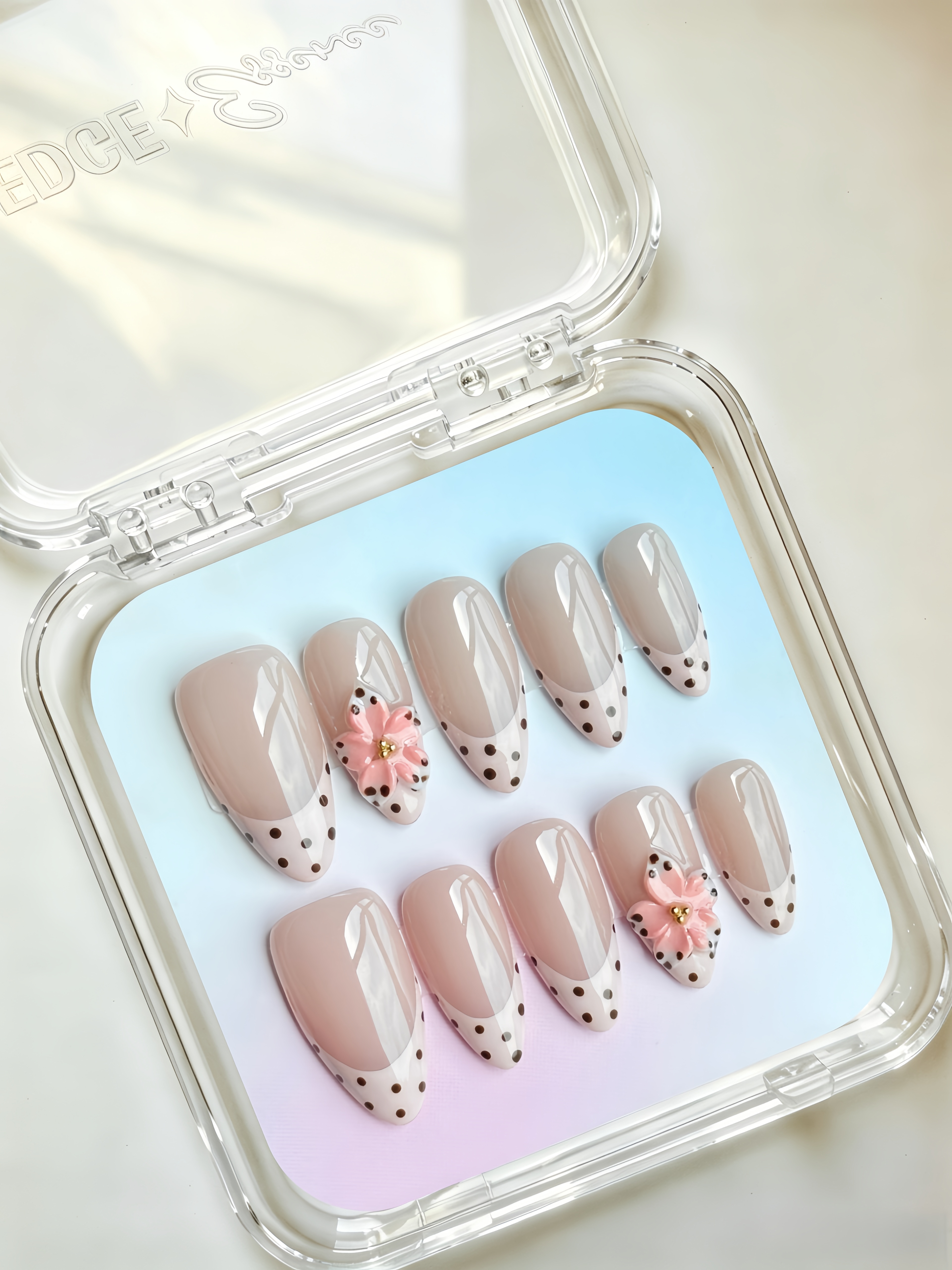 Nude Pink Polka Dot French Almond Nails