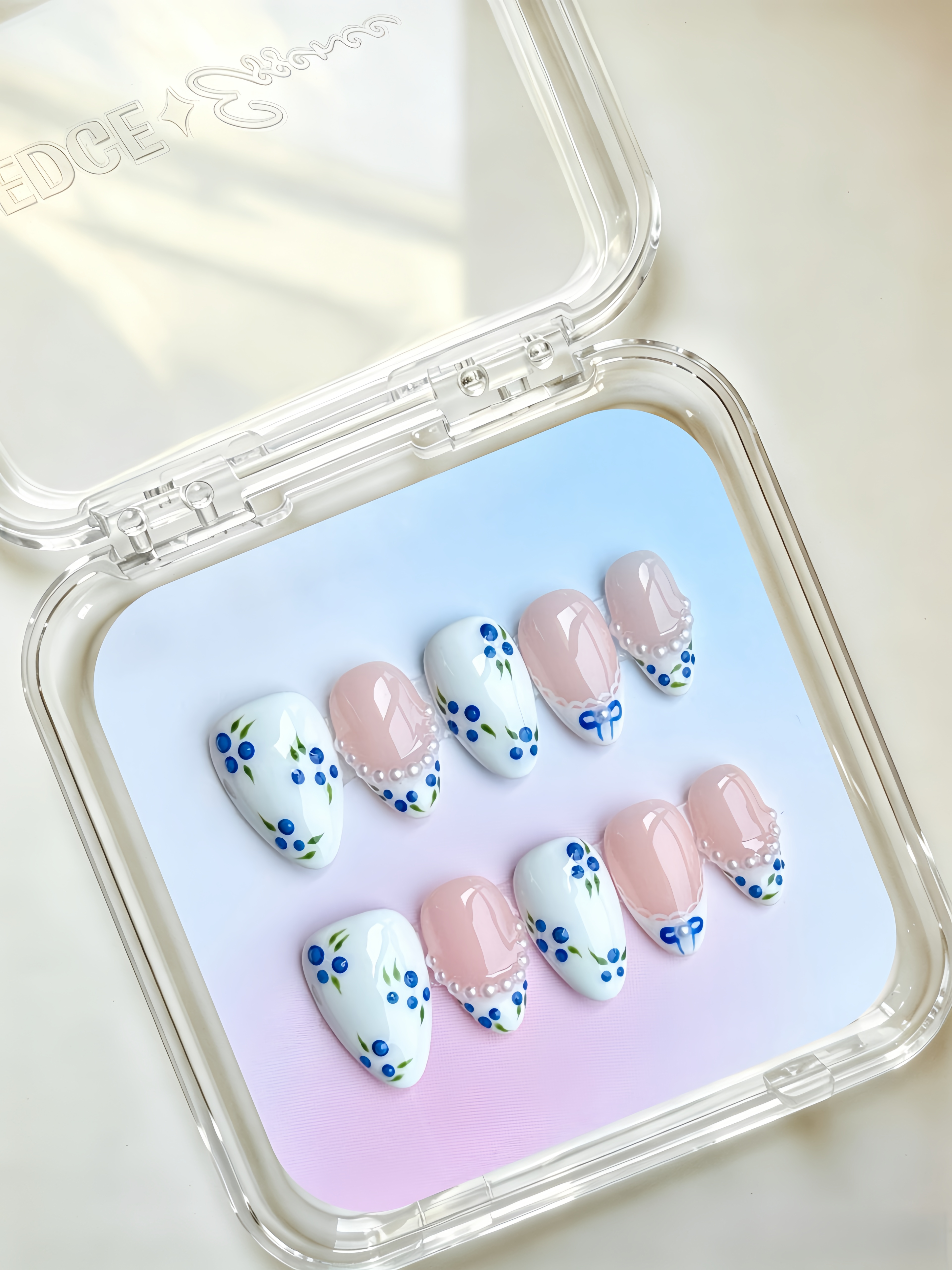 Blueberry Floral Pearl Almond Nails