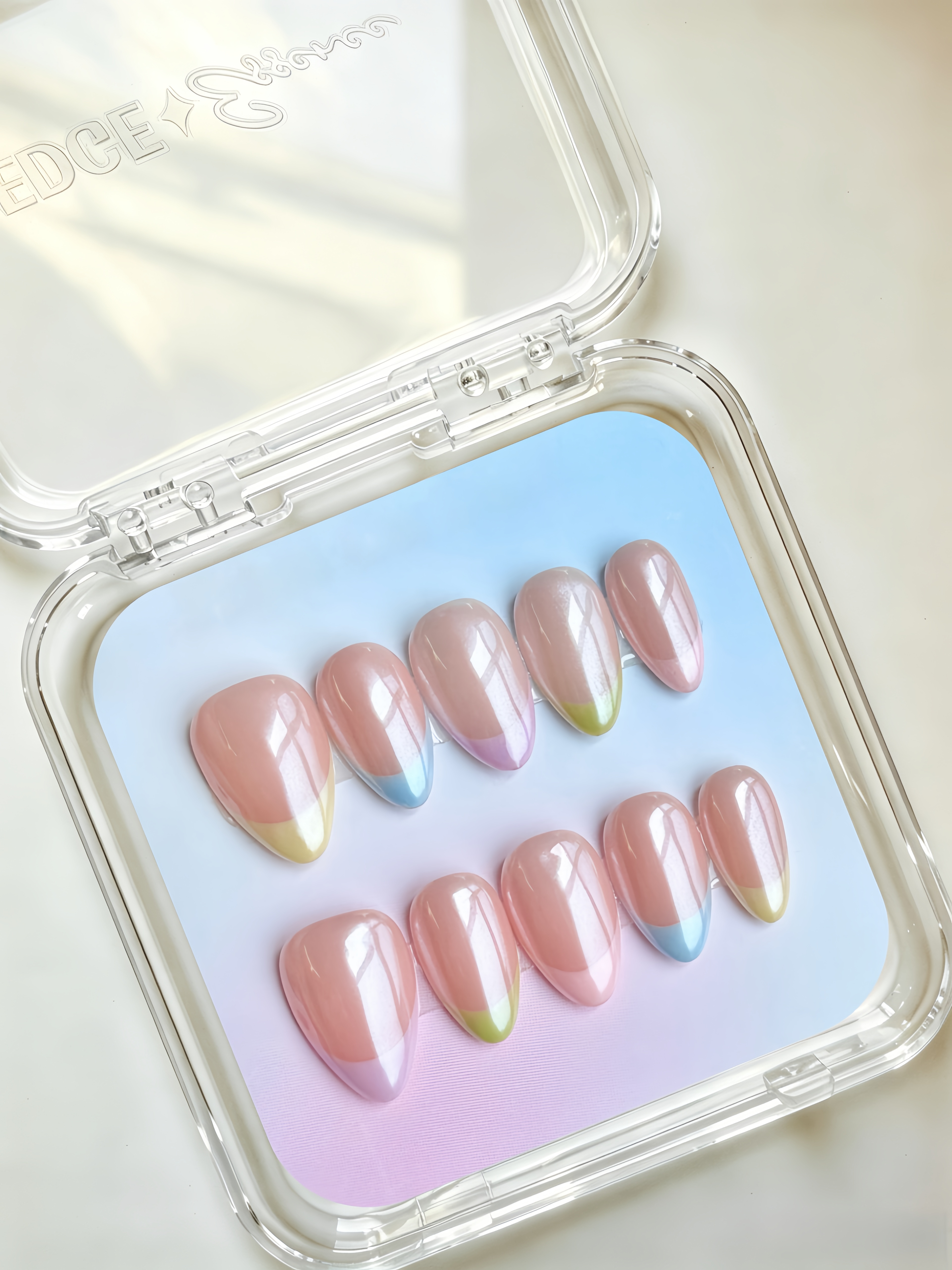 Pastel French Almond Nails with Aurora Pink Accent