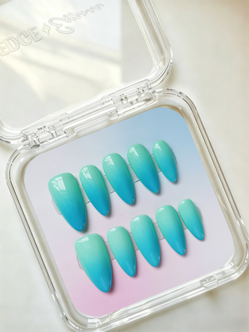 Mint to Blue Ombre Almond Nails