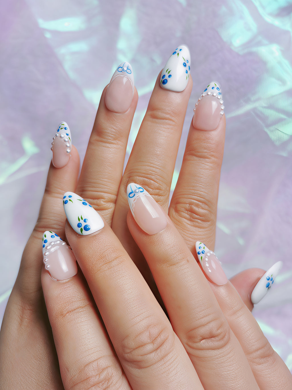 Blueberry Pearl Floral Almond Nails
