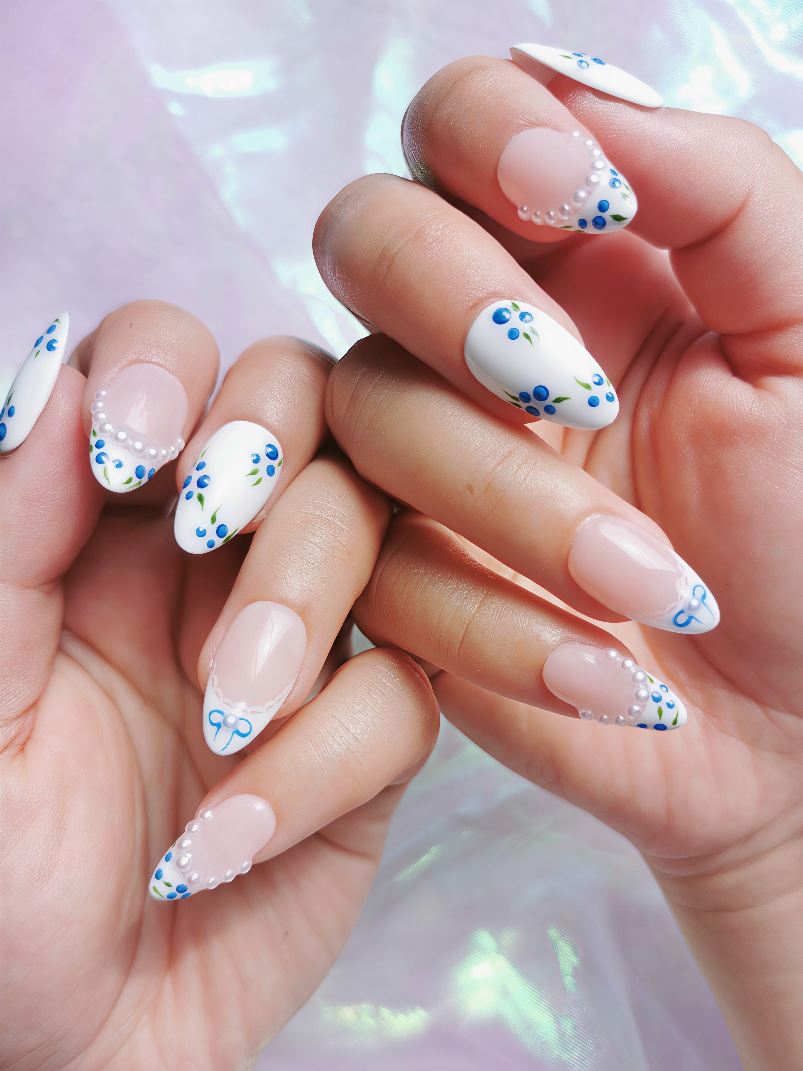 Blueberry Pearl Floral Almond Nails