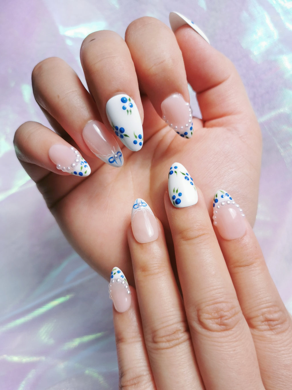 Blueberry Pearl Floral Almond Nails
