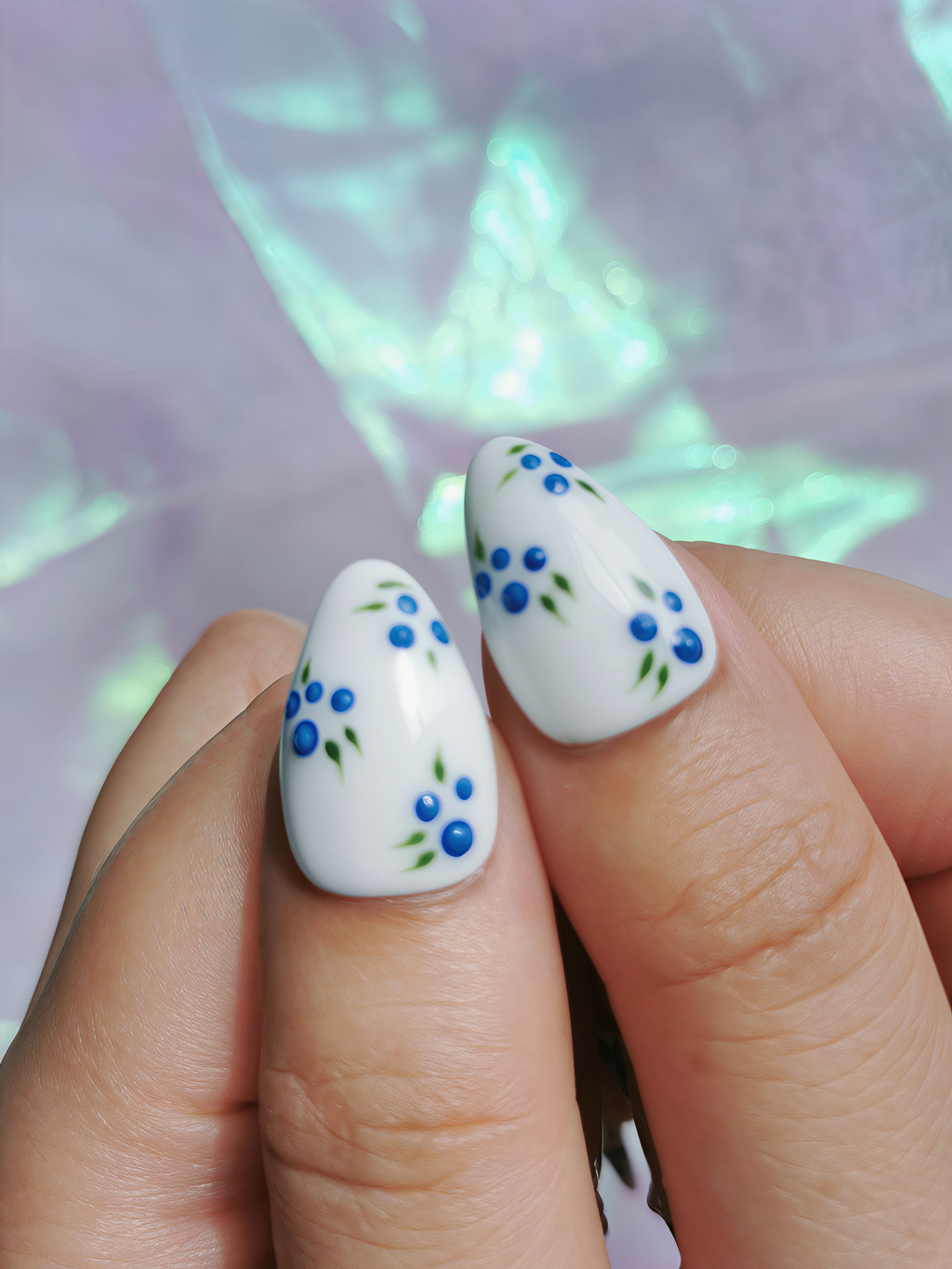 Blueberry Pearl Floral Almond Nails
