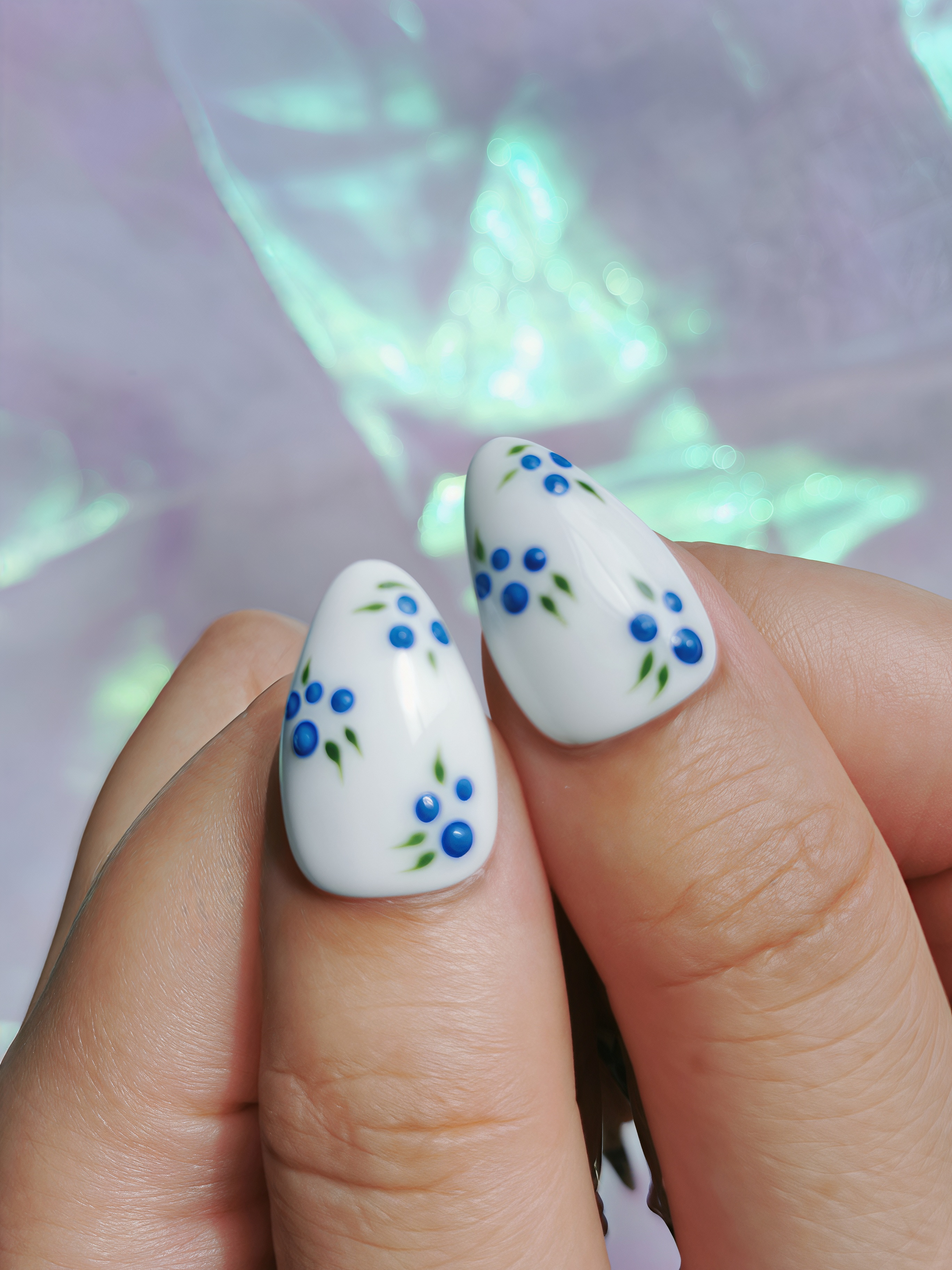 Blueberry Pearl Floral Almond Nails