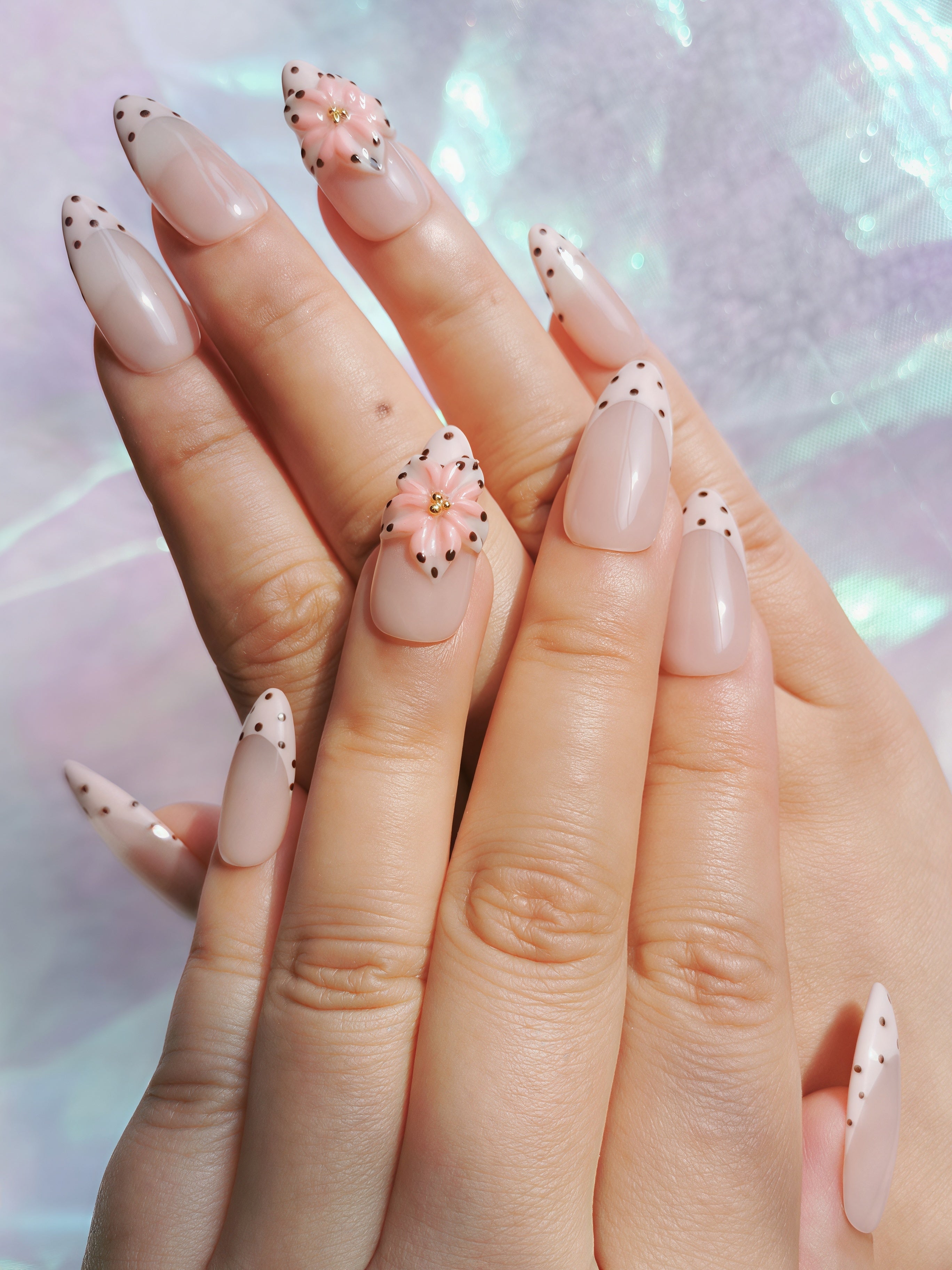 Nude Pink Floral French Almond Nails