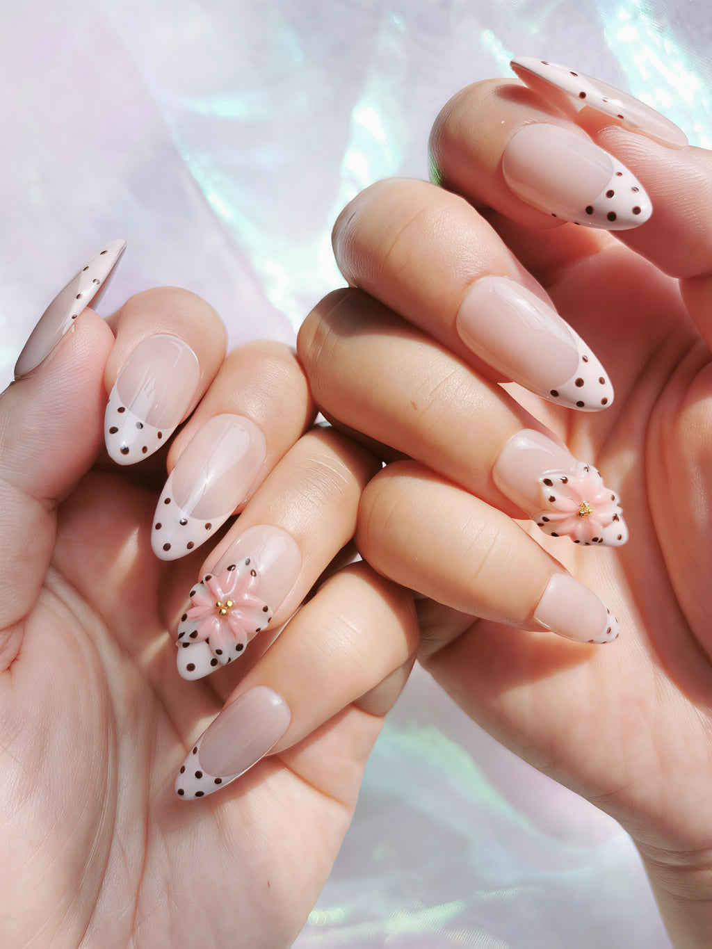 Nude Pink Floral French Almond Nails