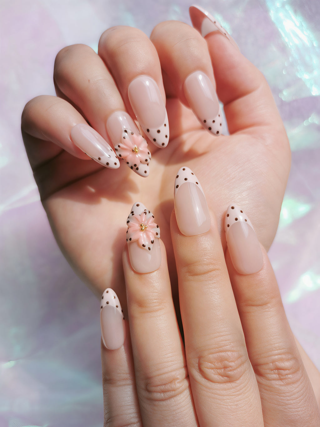 Nude Pink Floral French Almond Nails
