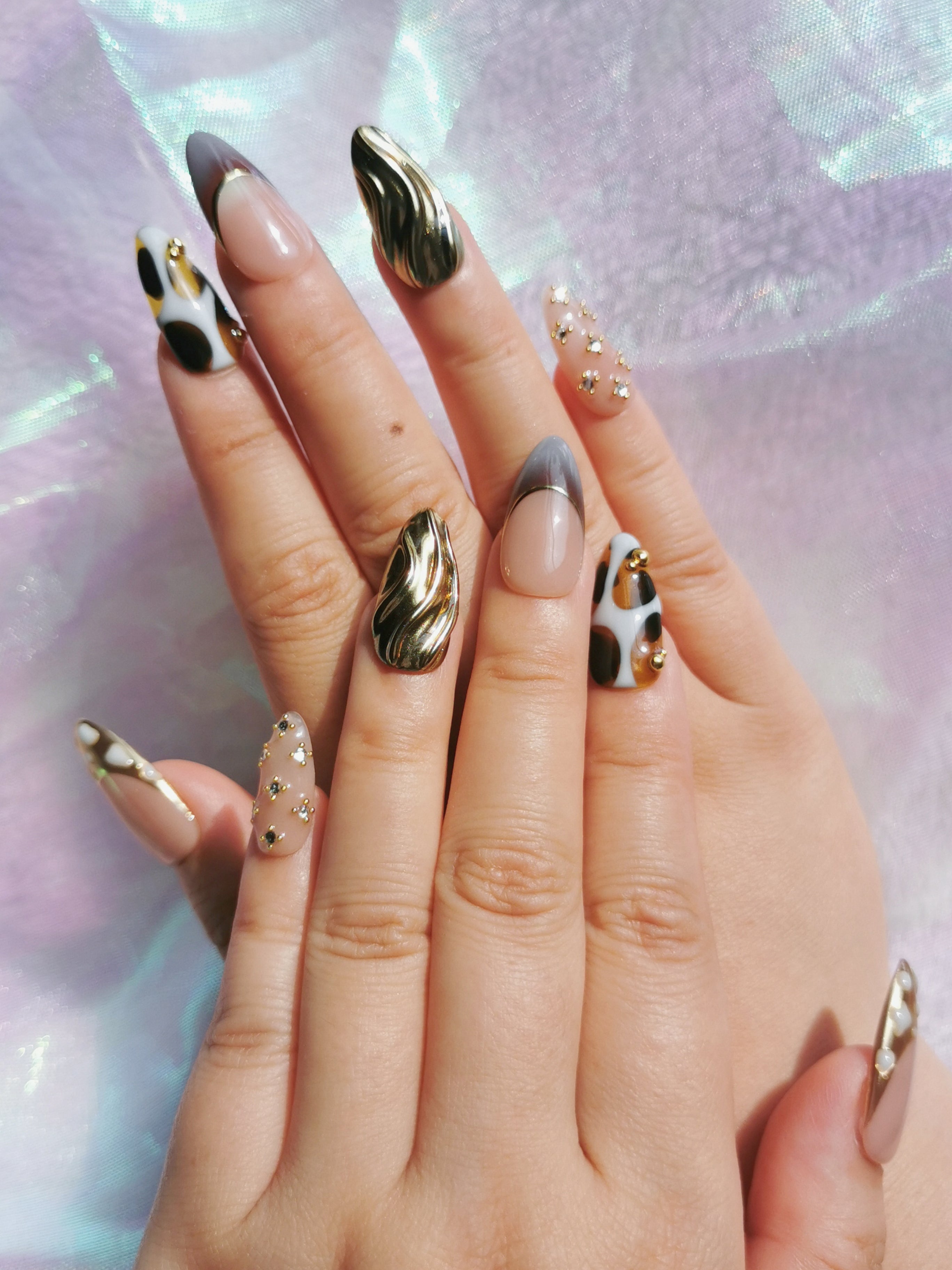 Leopard Gold Chrome Almond Nails