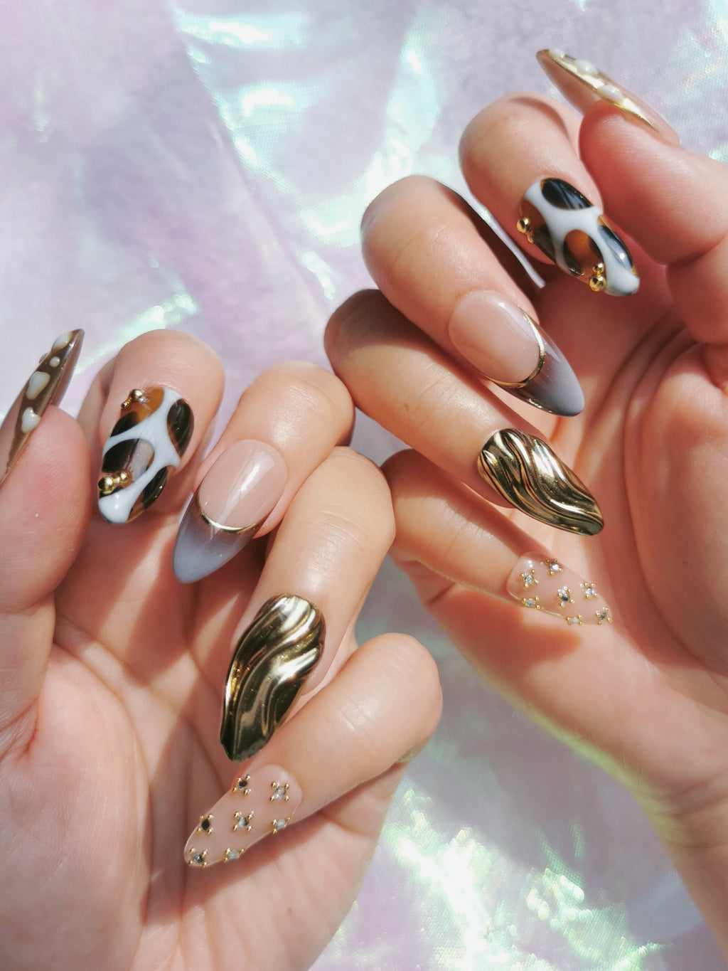 Leopard Gold Chrome Almond Nails
