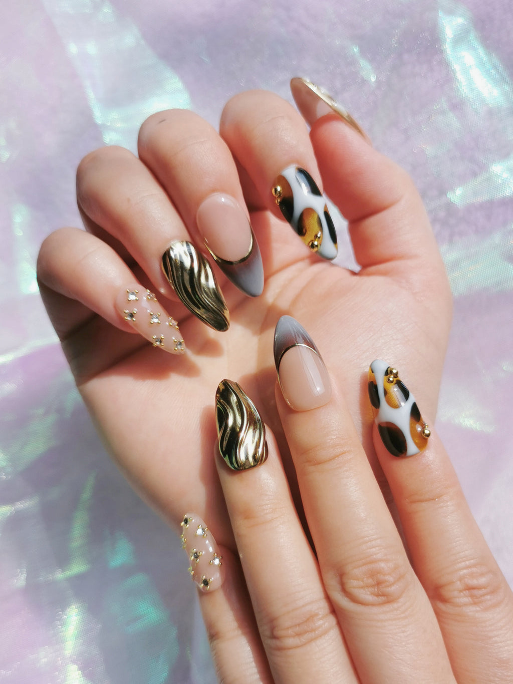 Leopard Gold Chrome Almond Nails