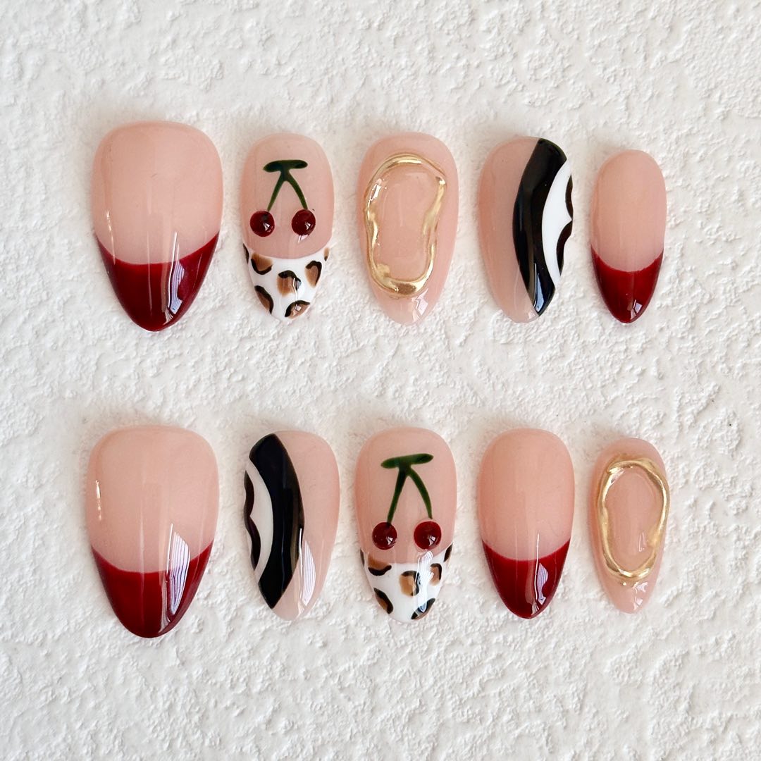 Cherry & Leopard Accent Press - on Nails