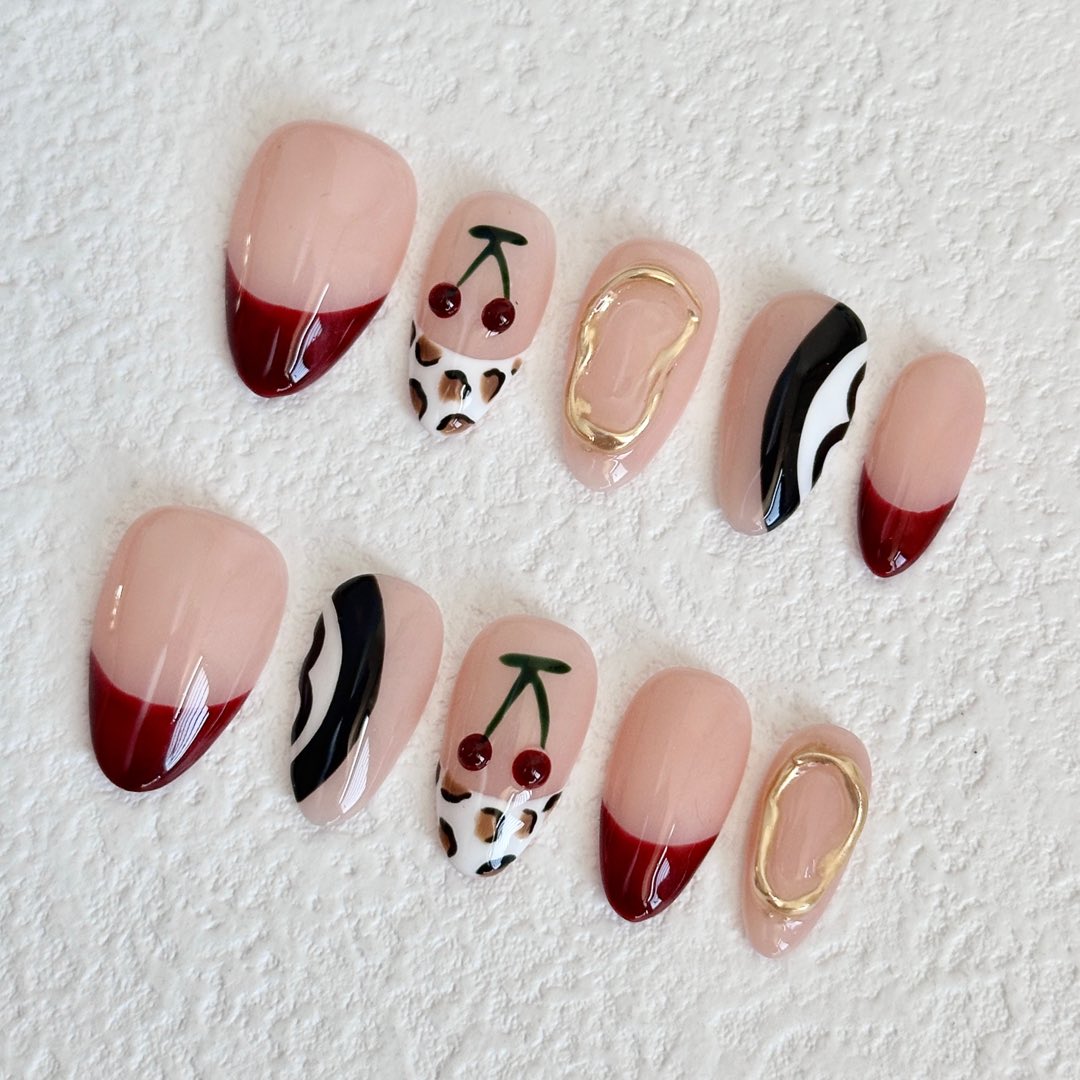 Cherry & Leopard Accent Press - on Nails