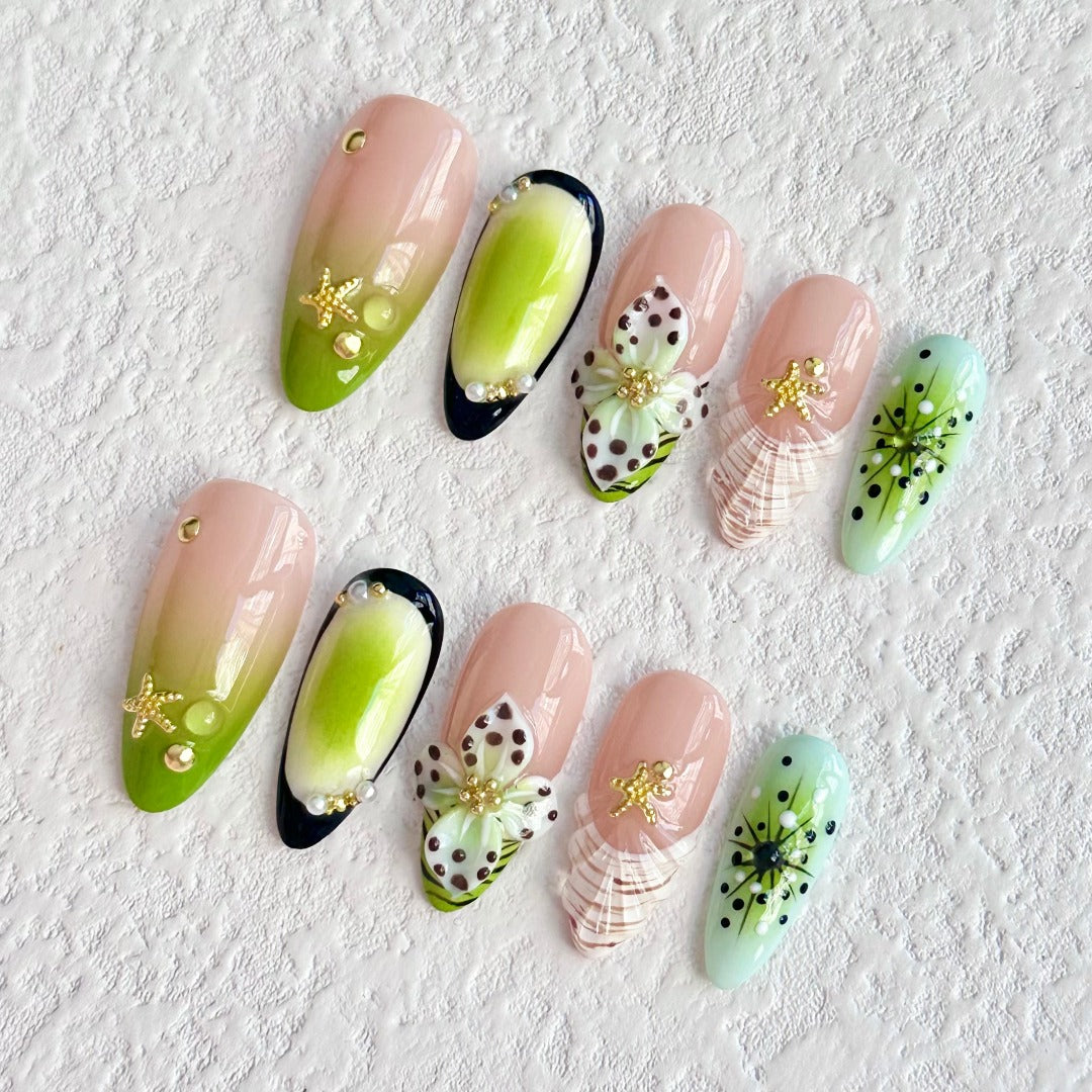 Tropical Floral & Starfish 3D Press - on Nails