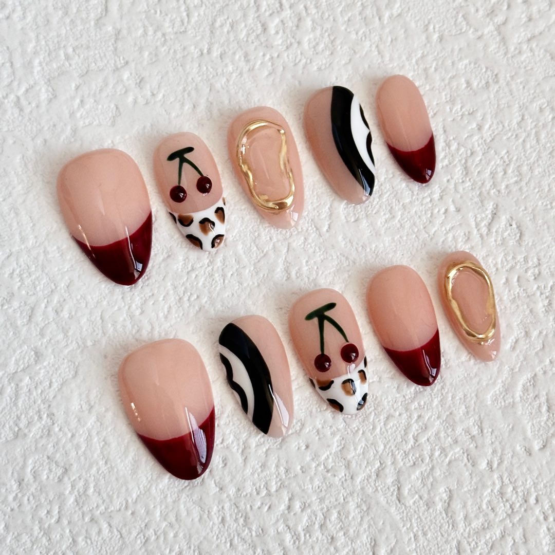 Cherry & Leopard Accent Press - on Nails